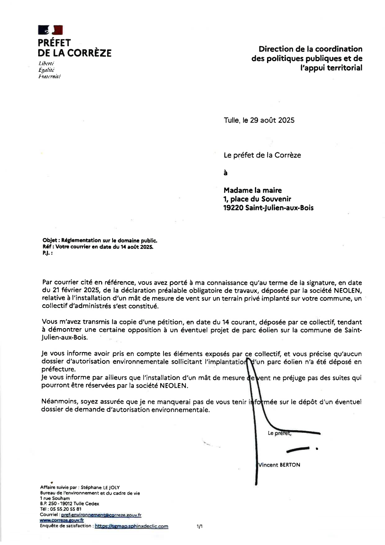 Projet éolien - réponse du préfet - octobre 2025